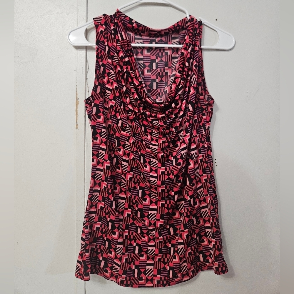 Worthington Geometric Pink and Black Cowl Neck Sleeveless Blouse!